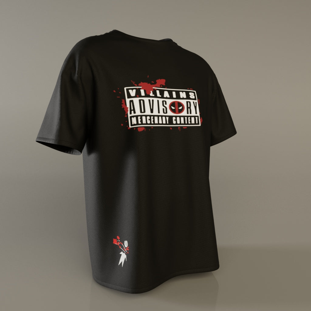 Front of Deadpool oversized tee featuring "Villains Advisory" parody design in bold white and red, by Badgers