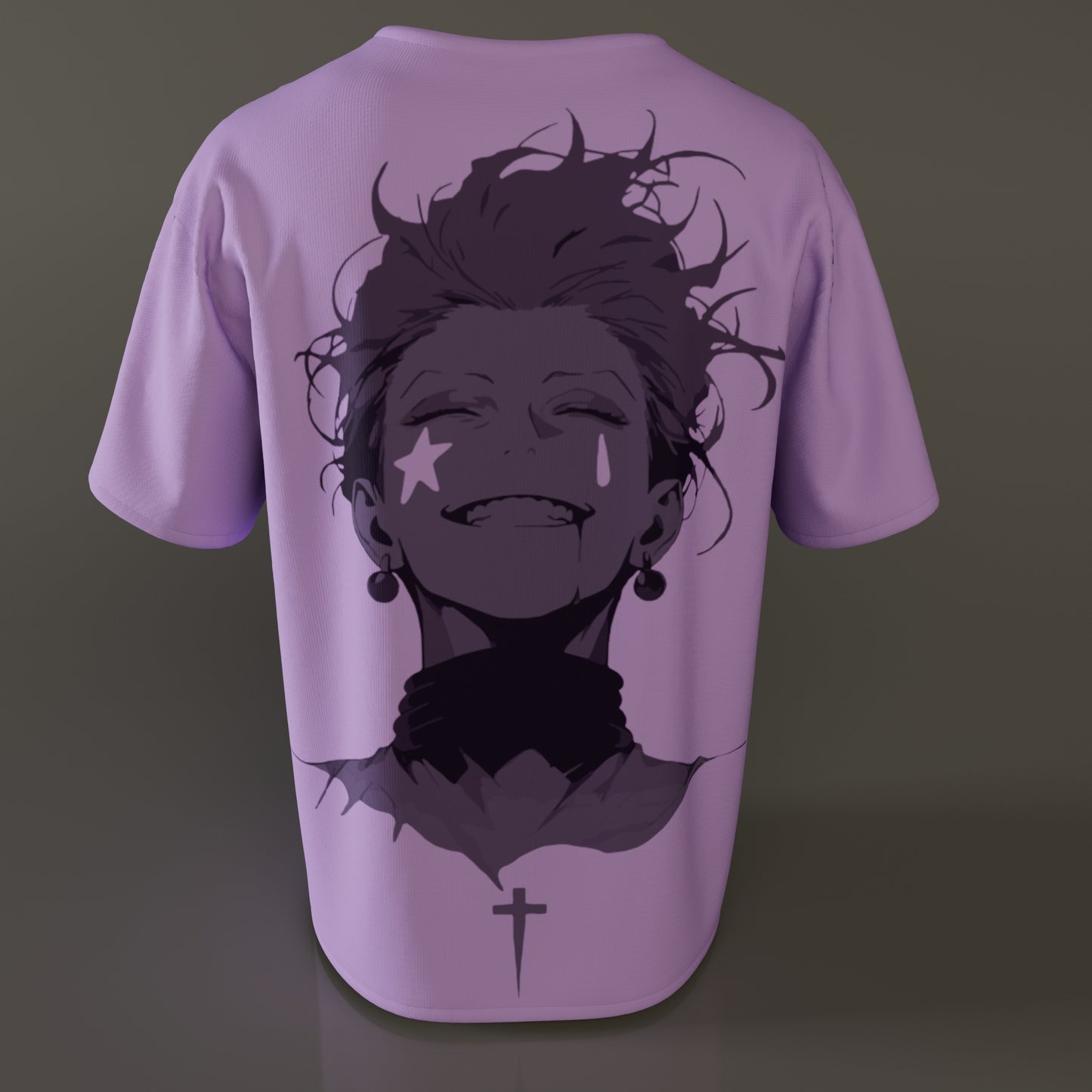 Back view of Badgers oversized purple t-shirt featuring full Hisoka monochrome graphic