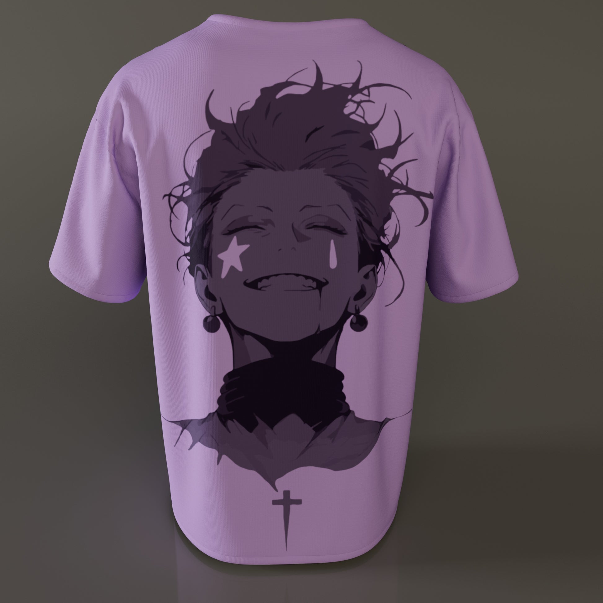 Back view of Badgers oversized purple t-shirt featuring full Hisoka monochrome graphic