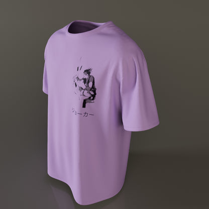Side-angle view of Badgers oversized Hisoka t-shirt in purple with front and back design