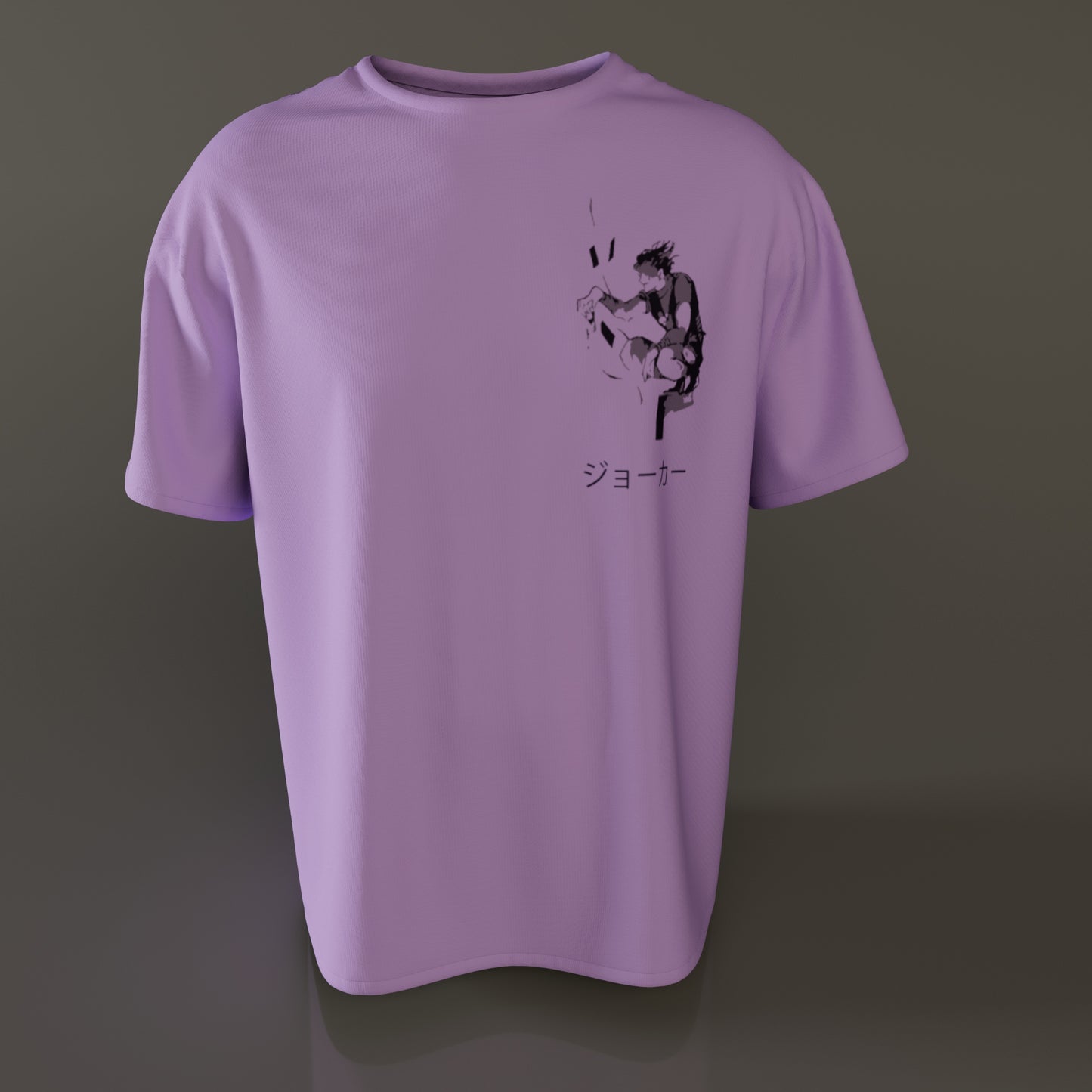 Front view of Badgers oversized purple t-shirt with Hisoka playing card motif on chest