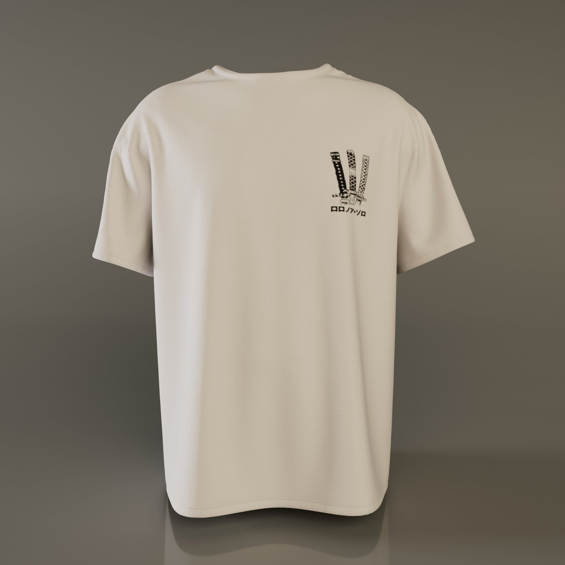 Flat lay of off-white Zoro oversized t-shirt with minimal front swords graphic