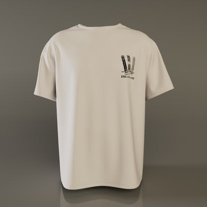 Flat lay of off-white Zoro oversized t-shirt with minimal front swords graphic