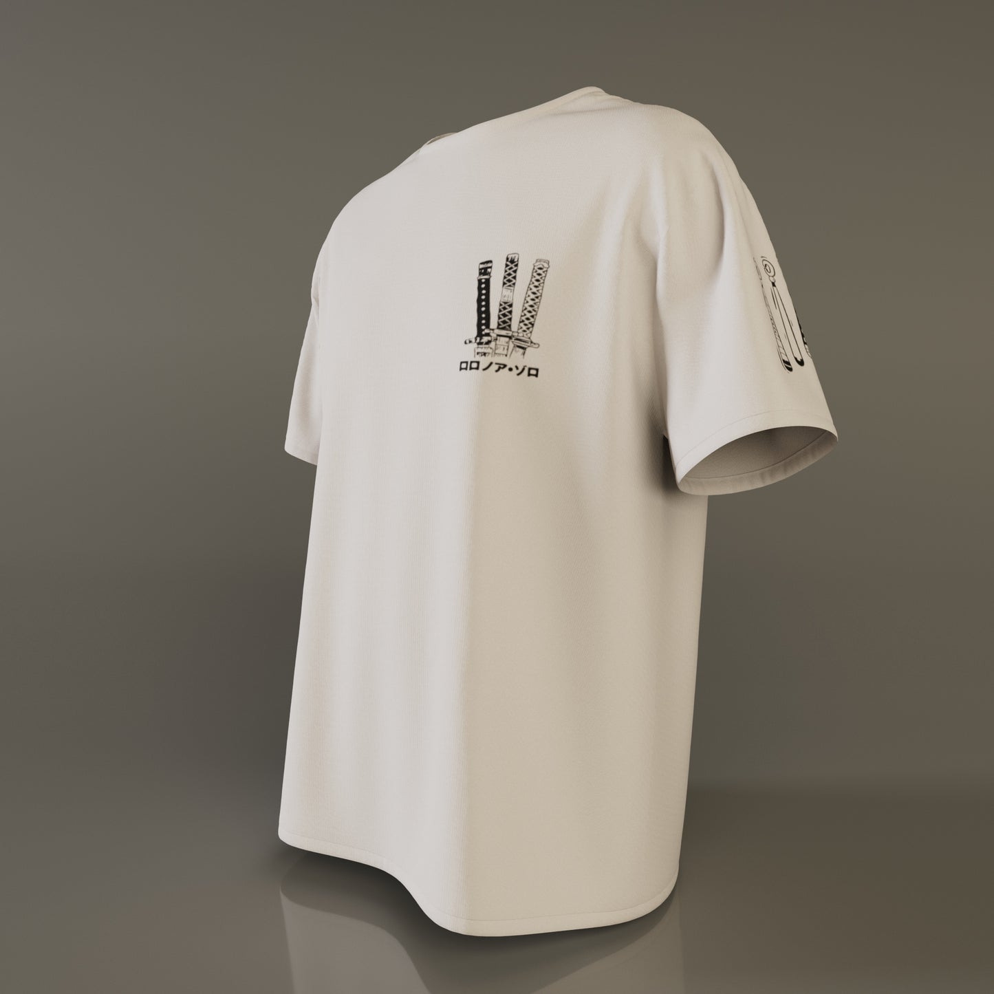 Side view of Zoro oversized tee showcasing sword hilt print on chest and subtle front emblem detail
