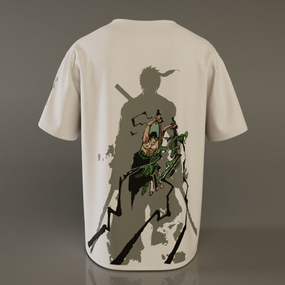 Back of off-white Zoro oversized t-shirt featuring bold silhouette and colored sword illustration, inspired by One Piece